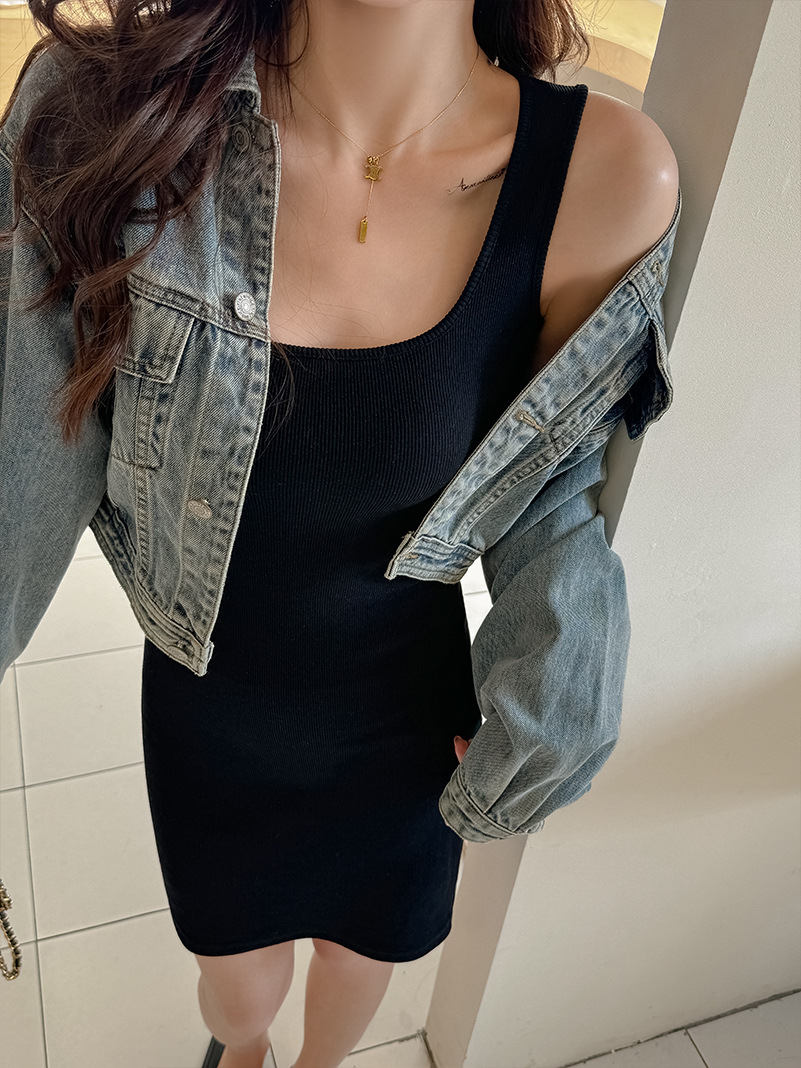 KD77 Cotton Base Vest Hip Skirt Gray Knitted Suspender Dress