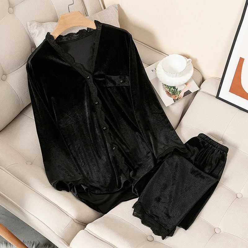 Velvet Pajamas Women Autumn Winter Sleepwear Long Sleeve Casual Nightwear Pyjamas Suit Loose Home Clothes Lace Trim Sleep SetC250310