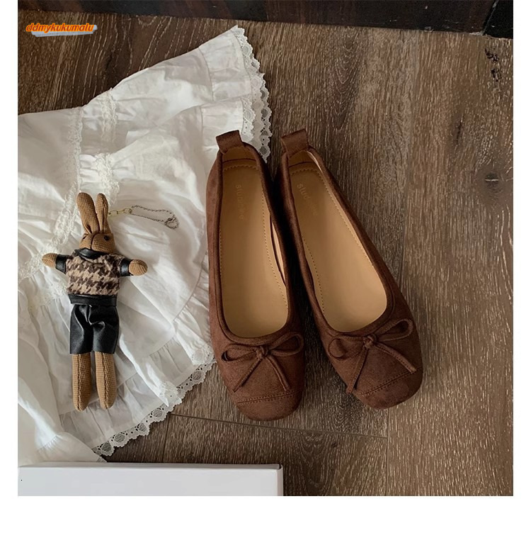 Grape Mom Ballet Style Bow Square Round Head Soft Suede Shallow Mouth Single Shoes Women Mary Jane Four Seasons Red Flat Bottom ddmykukumalu