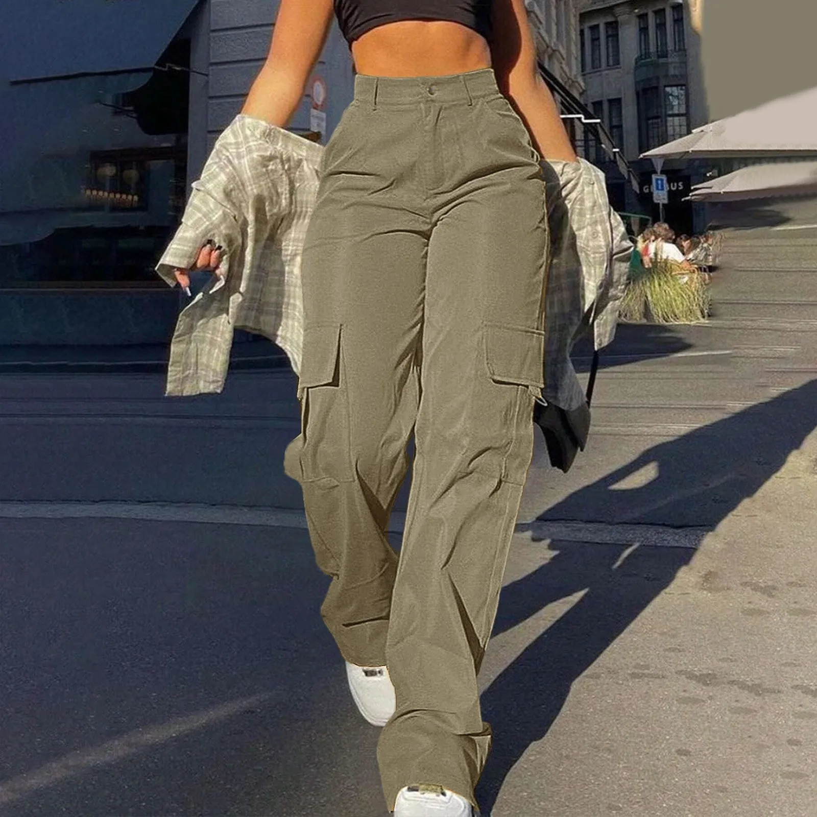 Womens Loose Cargo Pants High Waist Wide Leg Solid Color Full Length Trousers with Pockets Casual All Seasons Long Pants 250305