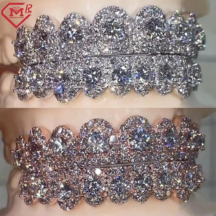 Hiphop Dazzle Custom Flawless Grills Teeth Grillz Big Stone Vvs Moissanite White Gold Rose Gold Set Diamond Grillz