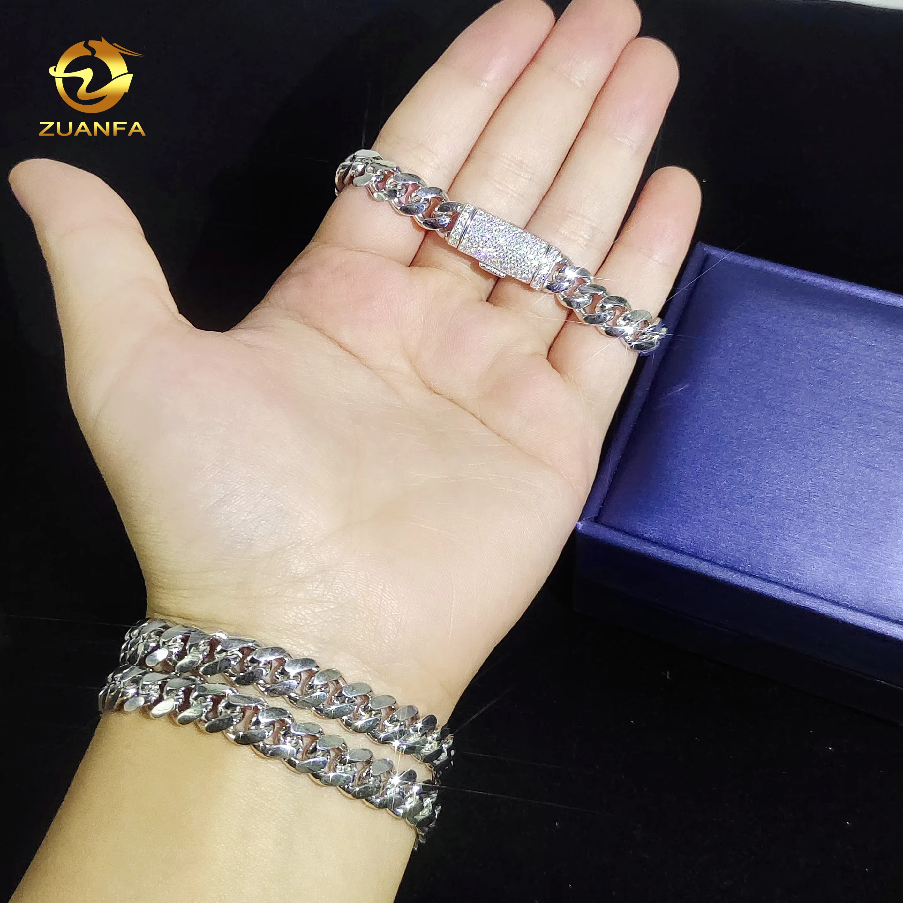 Zuanfa VVS Moissanite Diamond Clasp 8mm Wide Solid Silver Cuban Chain White Gold Plated Mens Hip Hop Fashion Necklace Bracelet