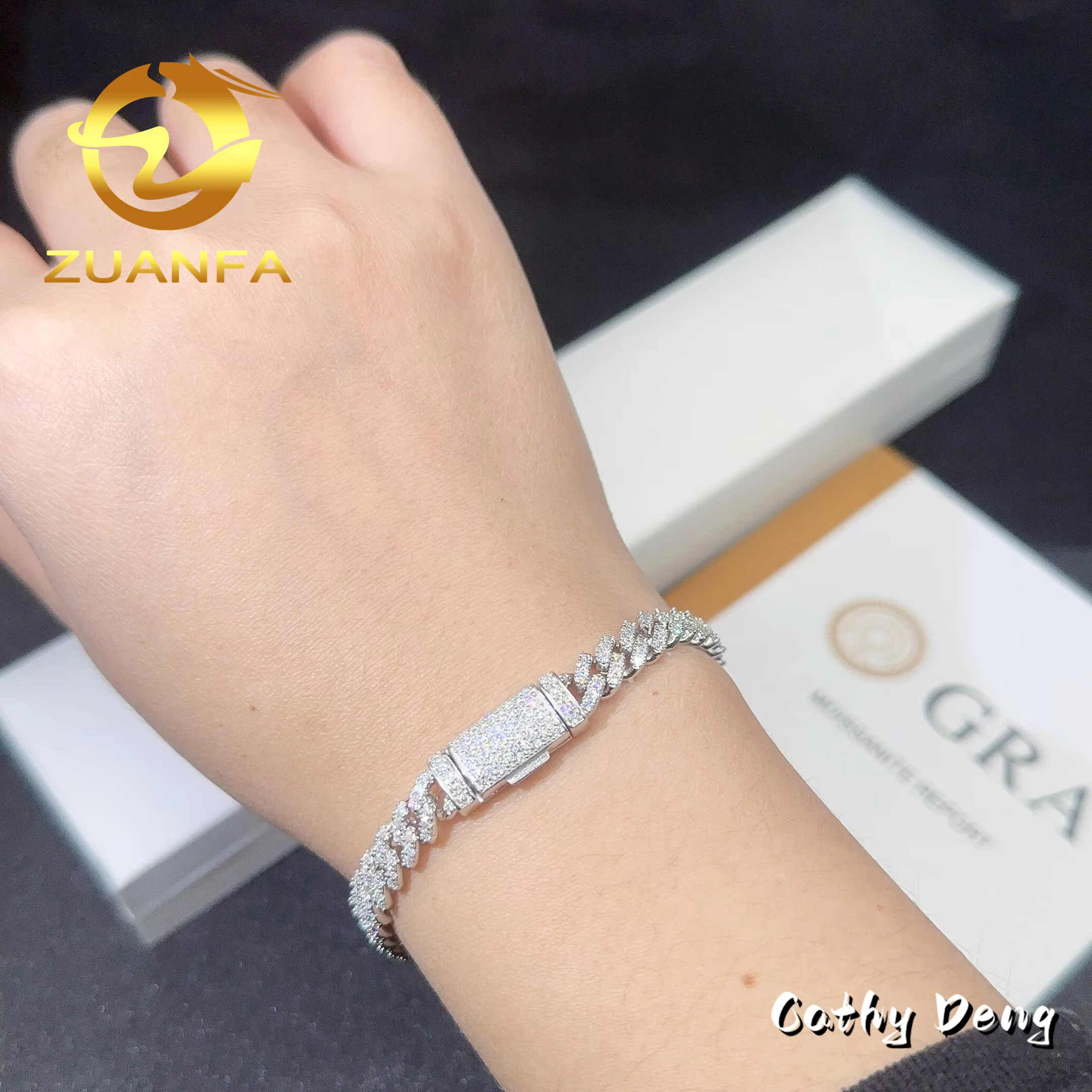 Fashion Hip Hop Jewelry 6mm One Row 925 Silver Iced Out Moissanite Bracelet Men Custom Clasp Vvs Moissanite Cuban Link Chain