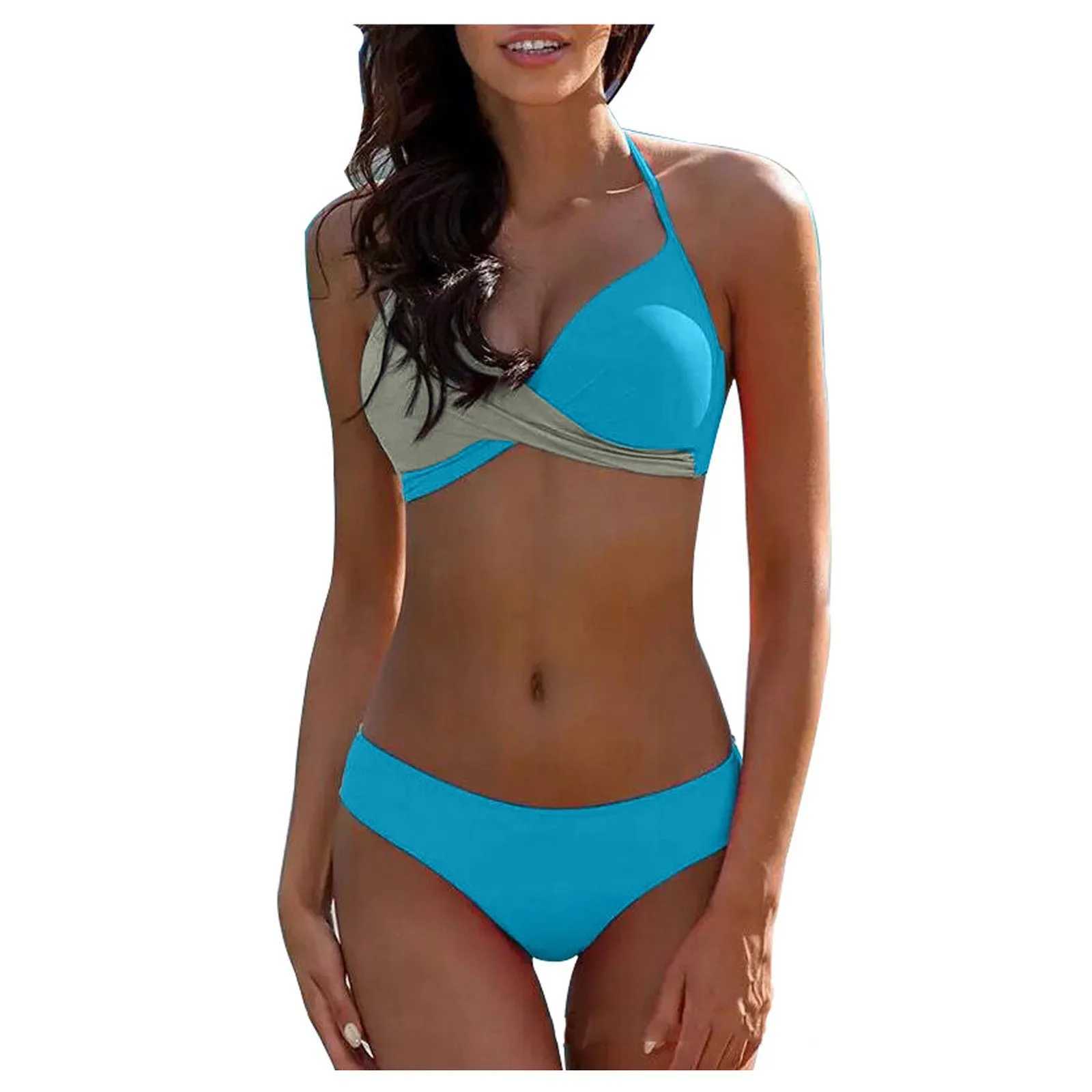 2024 New Halter Bikini Set Short Swimsuit Women High Waist Swimwear Split Bikini Color Matching Sleeveless Sexy SwimsuitT250310