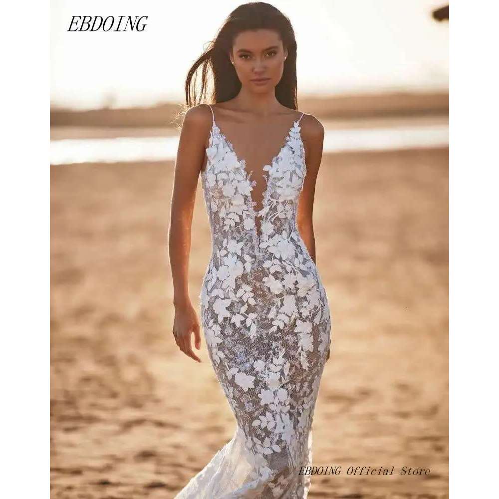 Newest Mermaid Dress Deep V Neckline Spaghetti Straps With Long Open Back Custom New Wedding Dresses