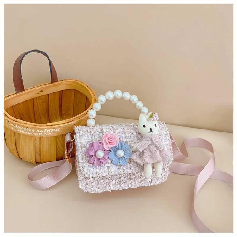 Children Wallet New Small Bag Cute Girl Classic Coin Purse Tweed Handbag Flower Beading Princess Kid Money Bag Baby Shoulder BagT250310