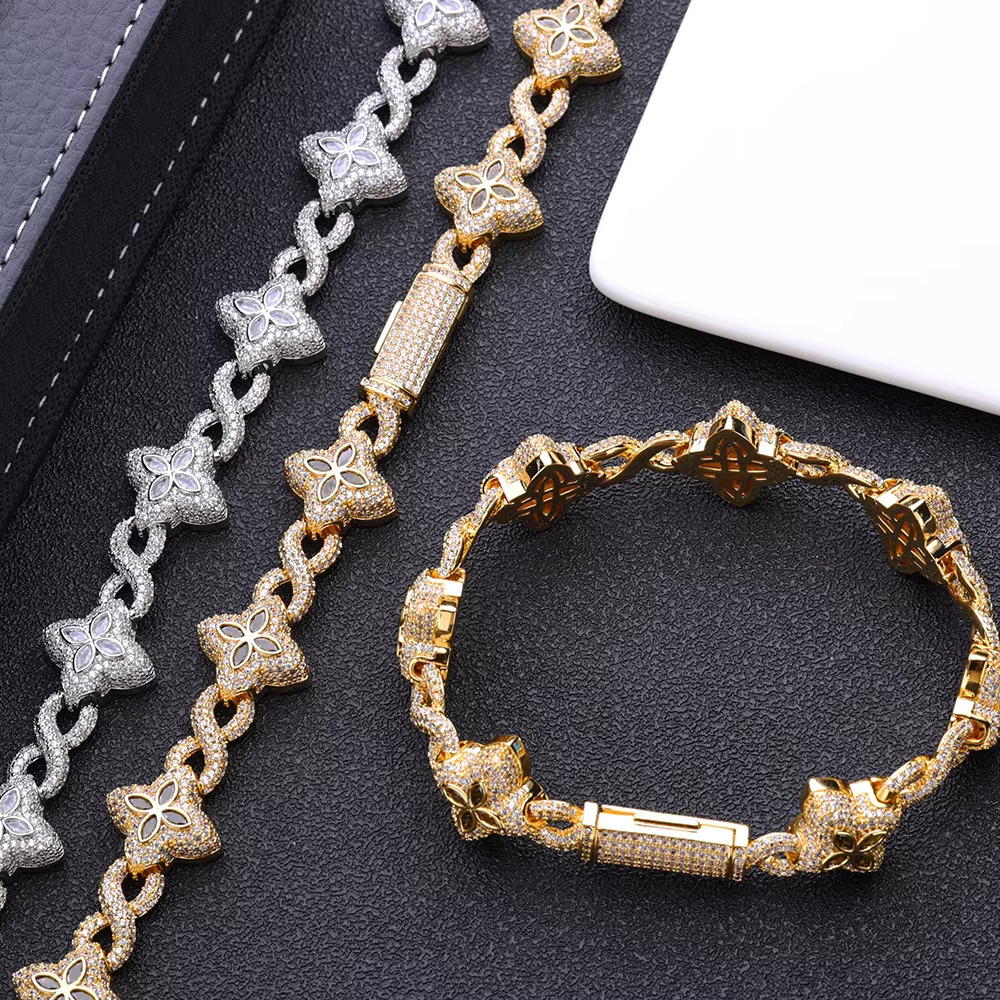 NUOYA Hip Hop Silver Gold Plated Iced Out Diamond Flower Cross Four Leaf Clover Infinity Miami Cuban Link Necklace for Men Women