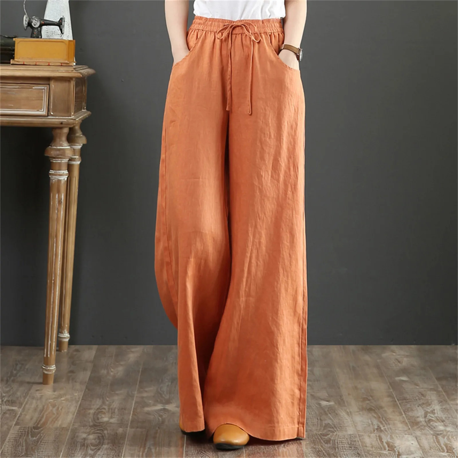 Lady Orange High Waisted Floor Length Trousers Women Drawstring Wide Leg Pants With Pocket Solid Color Loose Fit Female Pants 250305