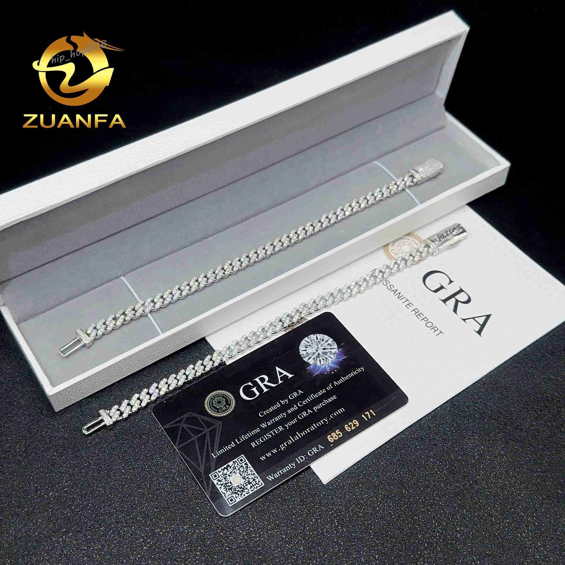 Fashion Hip Hop Jewelry 6mm One Row 925 Silver Iced Out Moissanite Bracelet Men Custom Clasp Vvs Moissanite Cuban Link Chain