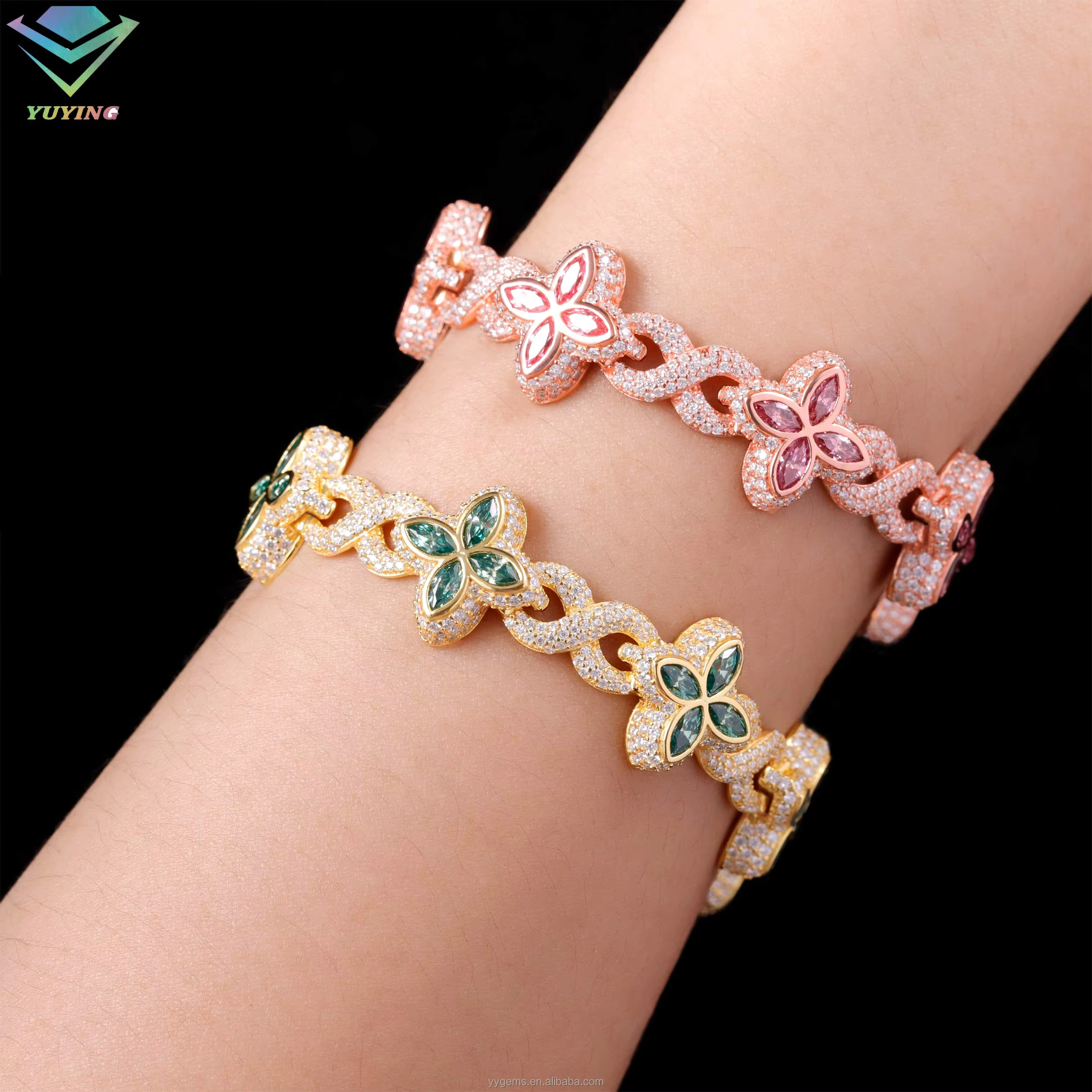 Moissanite Jewelry Clover Bracelet Green Pink Diamond S925 Silver Gold Plated Cuban Moissanite Bracelet With GRA Certificate