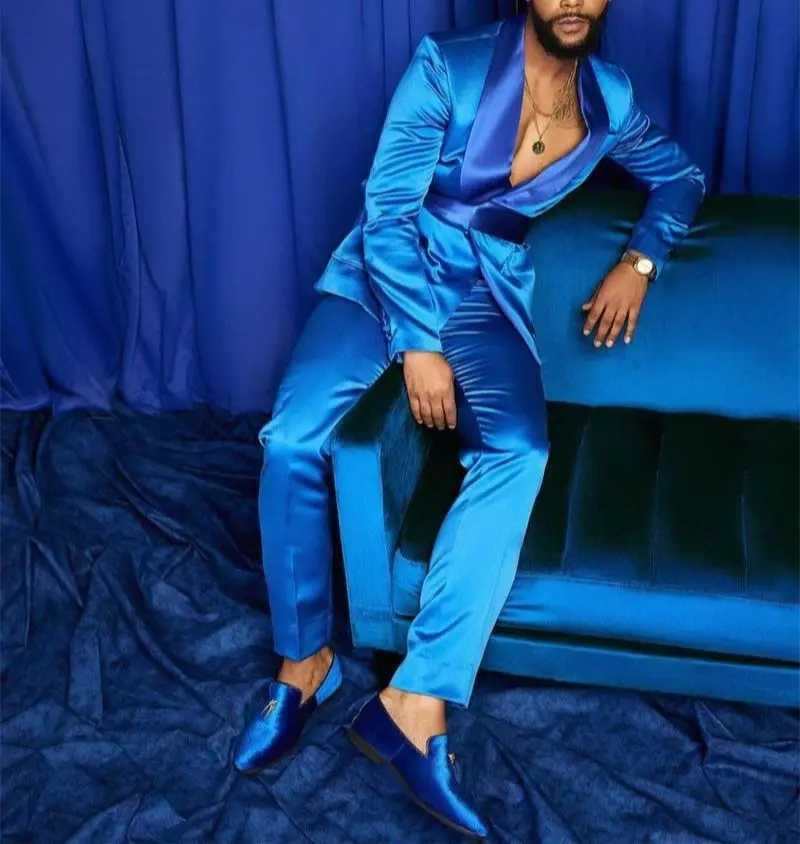 New Fashion Italian Silver Men Suits Satin Slim Fit Royal Blue Shiny Groom Prom Wedding Tuxedo Tailored Blazer Set Costume Homme W250310