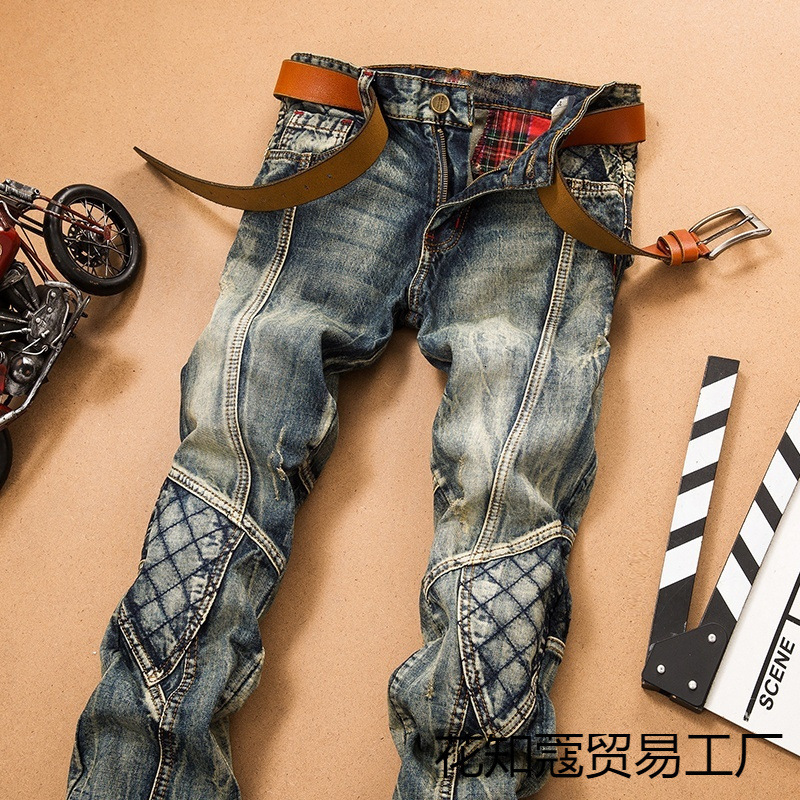Spring fashion brand jeans for men slim fit nostalgic non mainstream splicing motorcycle one HZ 221008