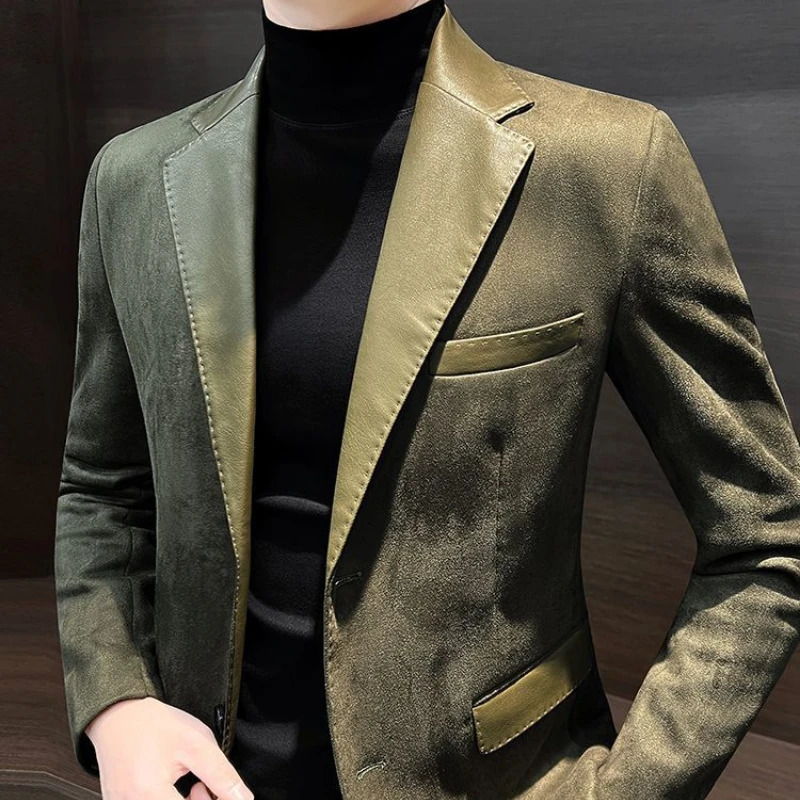 Spring Autumn Fashion Long Sleeve Turndown Collar Patchwork Solid Deer Skin Blazers Mens Clothing Korean Pockets Button Tops 250305