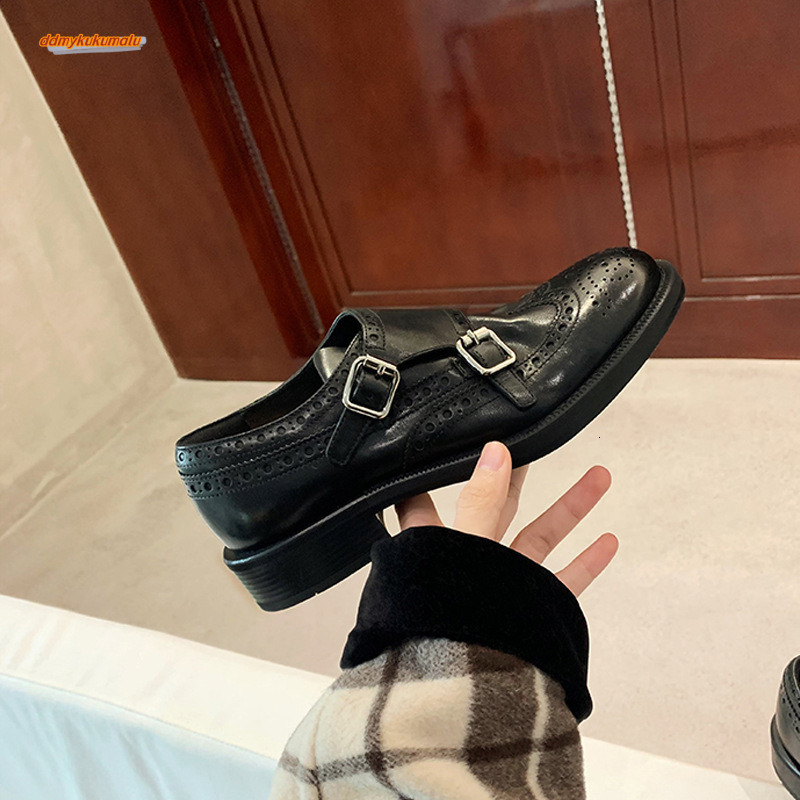Grape Mom Autumn/Winter New Hatton Academy~Shrink lined horseskin double button round toe thick heel versatile British style leather shoes for women d