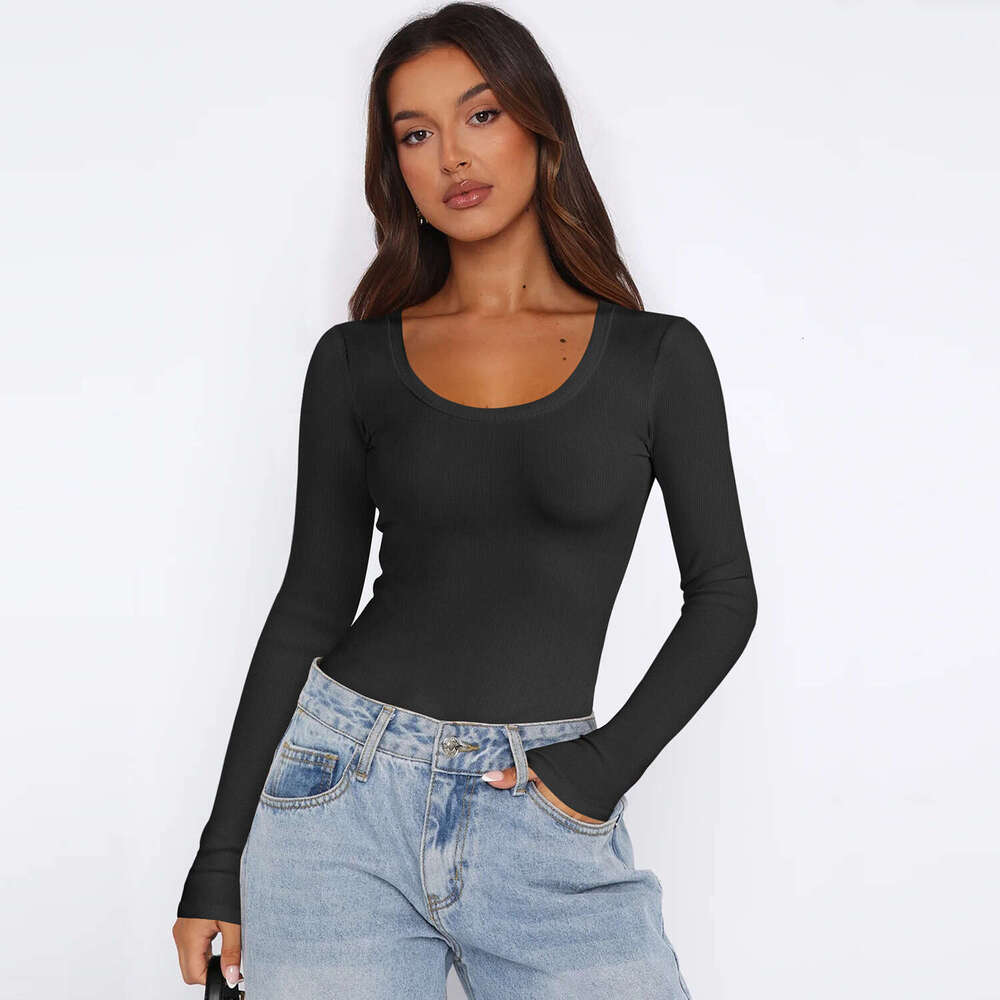2024 New Solid Color Thread U-Neck Bottom Y2K Clothing Slim Fit T-shirt Women's Summer Shoulder Top