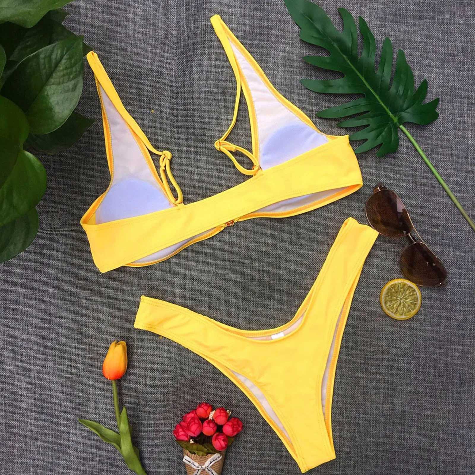 WomenS Sexy Fashion Solid Color High Waist Gold Lock Bikini Swimsuit Woman Swimsuits Two Parts Set WomenS SwimsuitT250310