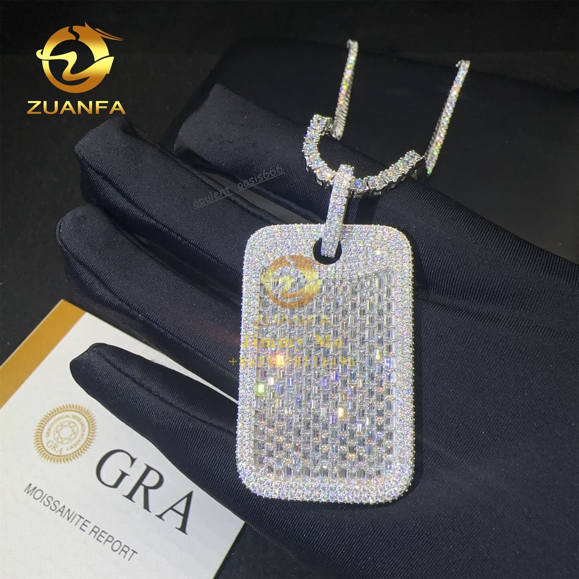 Custom Made Rapper Luxury Jewelry 925 Silver Iced Out Fully VVS1 Baguette Synthetic Moissanite Diamond Hip Hop Dog Tag Pendant