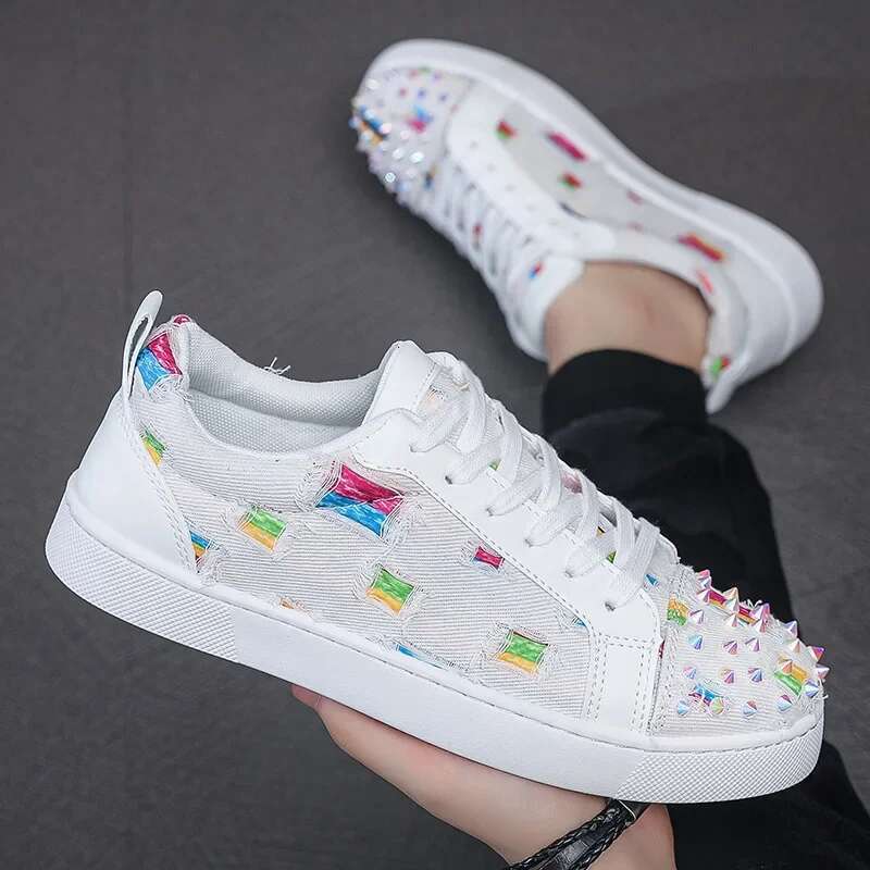 2025 New Sports and Leisure Men's Designer Rivet Punk Board Fashion Leather Canvas Breathable Height Increase Flat Shoes White Shoes Trendy Casua