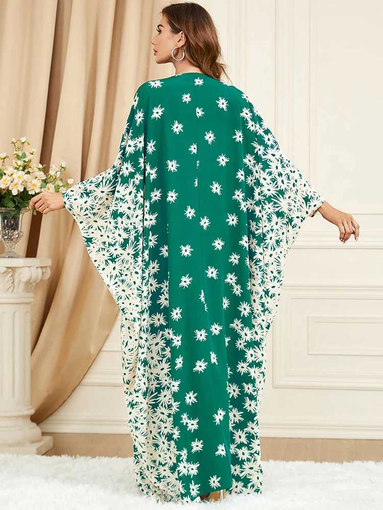 Middle Eastern slim clothing green robe bat sve loose floral dressXJ250310