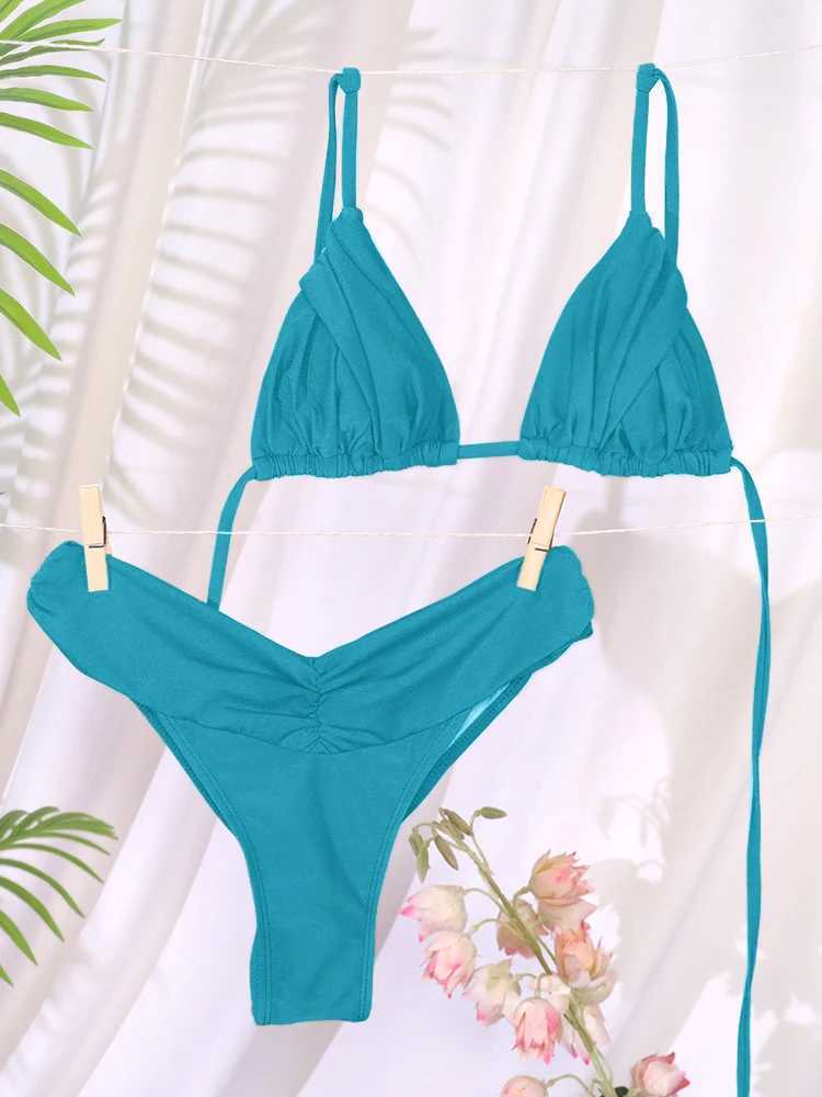 Sexy Folds Bikini Set Solid Micro Bikinis Women Swimsuit Female Triangle Swimwear Beach Wear Bathing SuitT250602