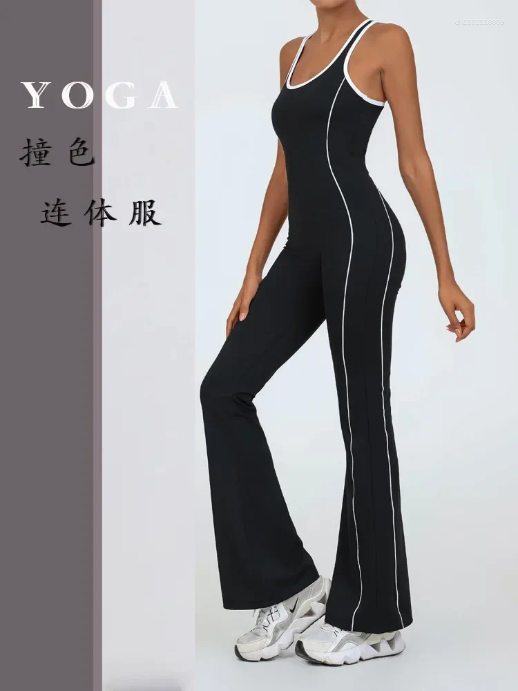 Active Sets Seamless Knitted Sports Fitness Yoga Jumpsuit Open Back Color Matching Bodysuit Naked Feel Workout Gym Wide Leg Flared Pants Set