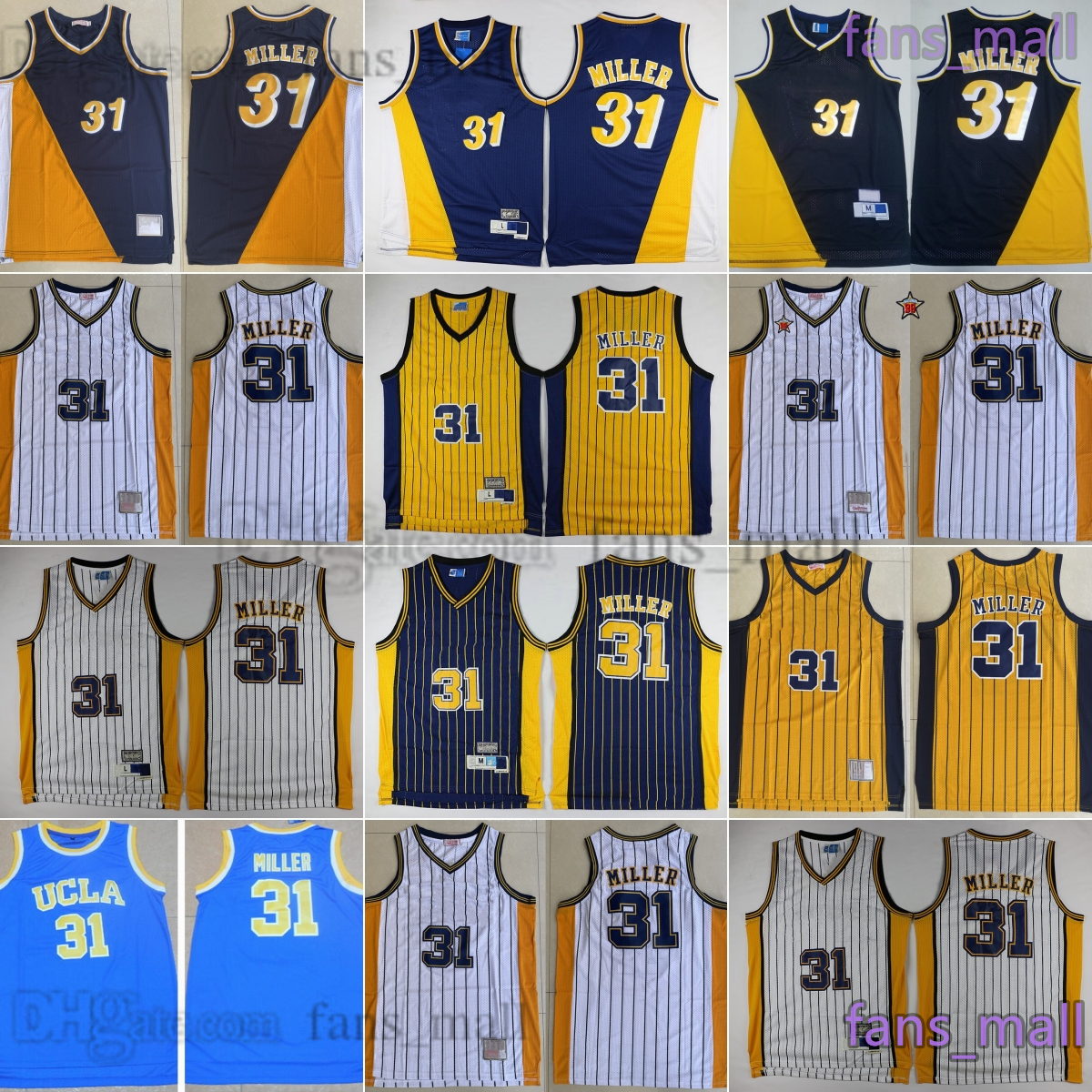 Vintage Basketball 31 Reggie Miller Jerseys Stitched Miller Jerseys White Yellow Black Classic Retro Breathable Sport Shirts