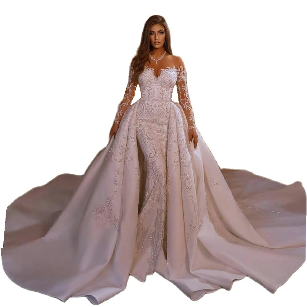 Illusion Bodice Sexy Mermaid Off Shoulder Satin Wedding Dresses With Detachable Applique Beading Lace Tiered Skirts Vestidos De Novia African Bridal G
