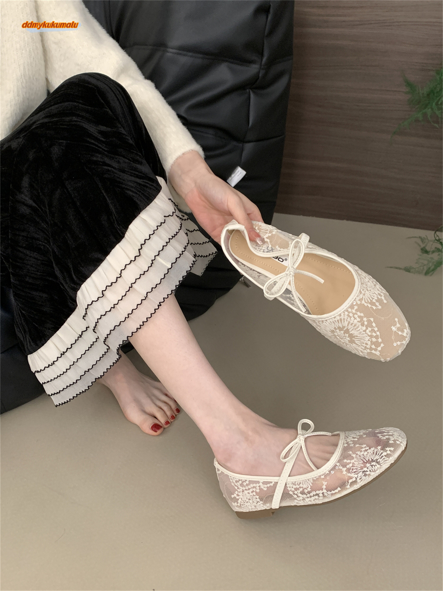 Gentle evening breeze bow ballet for women 2025 new fairy hollow mesh lace embroidered shoes single shoe ddmykukumalu