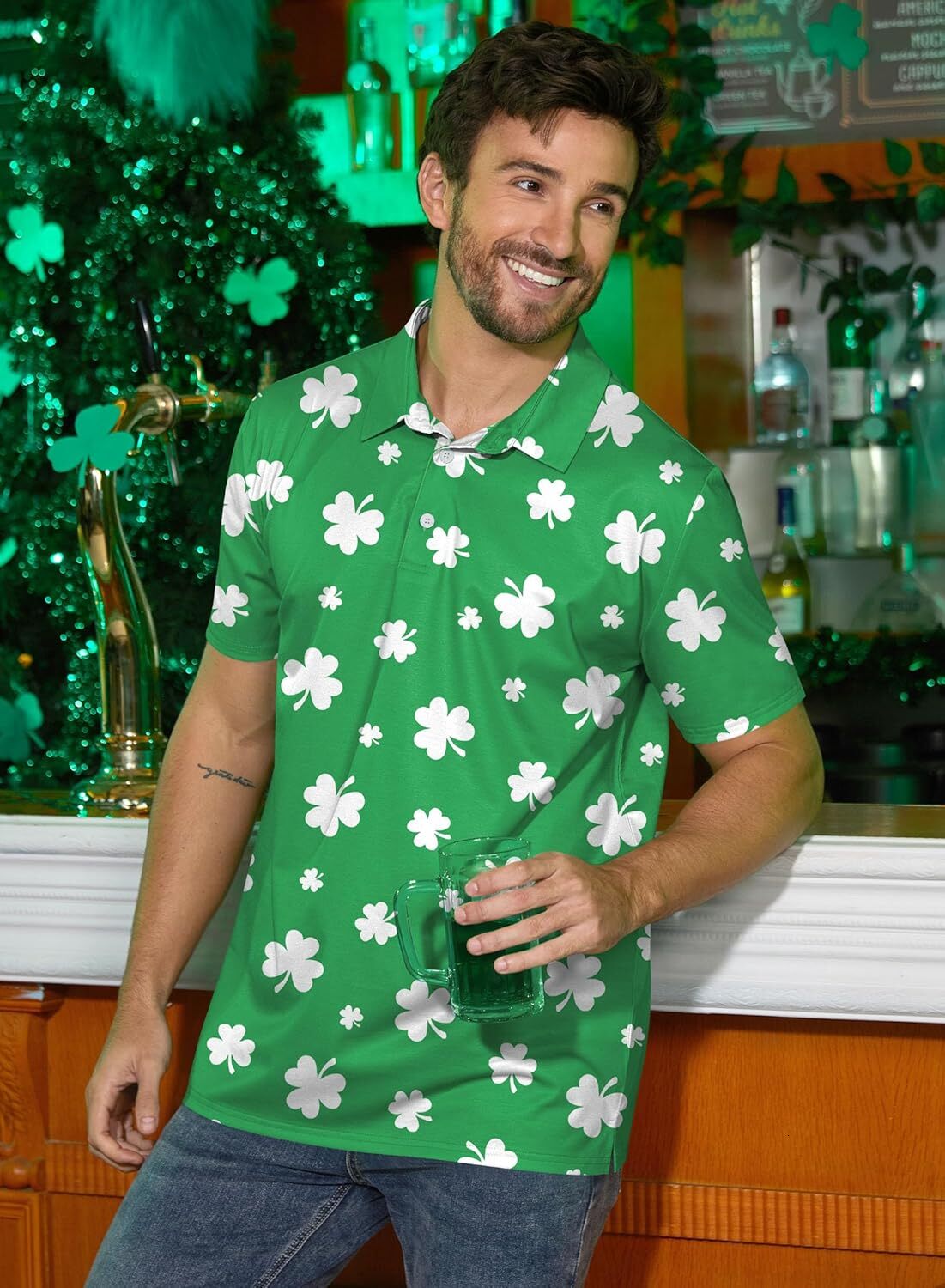 Mens Polo shirt Mens St Patricks Polo Shirt Irish Clover Short Sleeve Golf Shirts Polos shirts tshirt Casual tops summer clothes Short sleeve