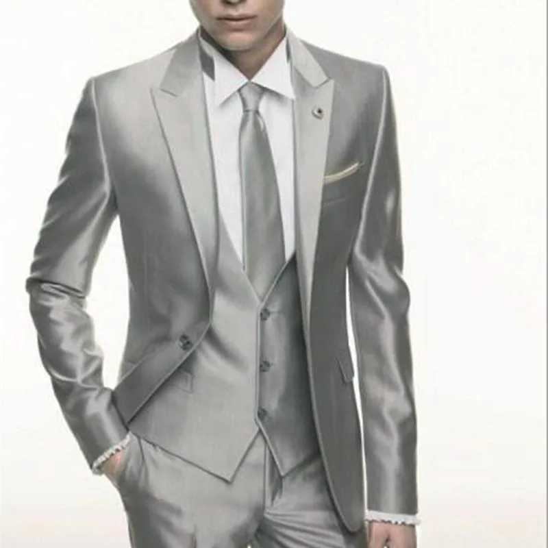 Silver Grey Satin Men Suit Slim Set Formal Wedding Skinny Stylish Male Blazer Party Custom Tuxedo 3 Piece Dresses Suits for Men W250310