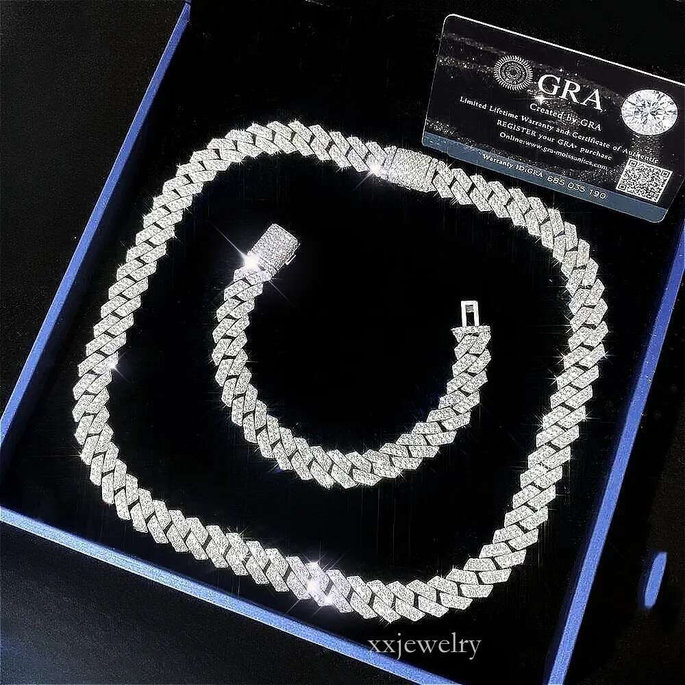 Moissanite Hip Hop Jewelry Sier 14mm white gold Sterg Sie Men's Necklace Miami Cuban k Chain necklace