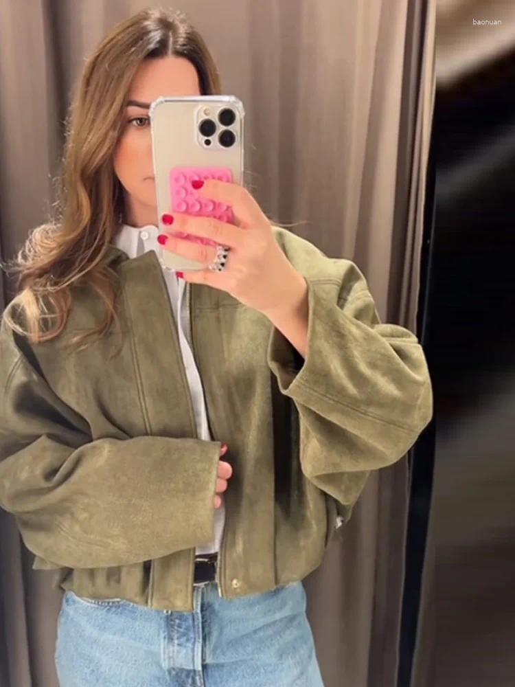 Women's Jackets 2025 Spring Suede Jacket Women Zipper Casual Turn-dwon Collar Oversized Long Sleeve Coat Female Green Street Lady Outwear