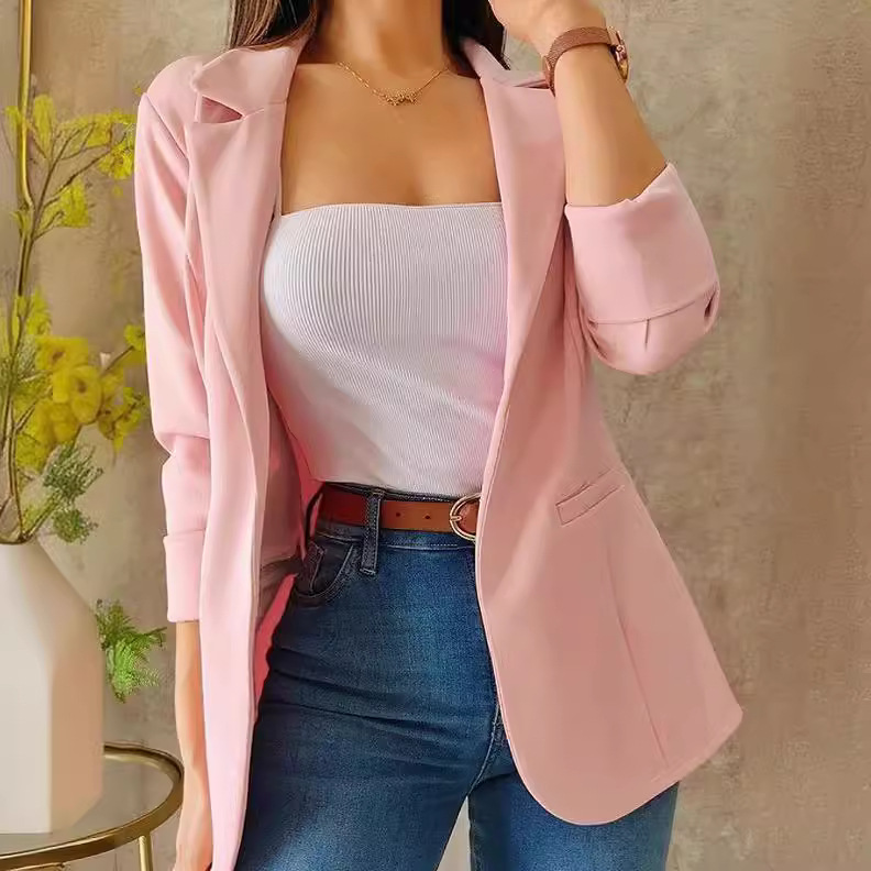 K39Elegant Women's Autumn Casual Wear - Unisex Solid Colored Long Sleeve Jacket with Classic Collar Design