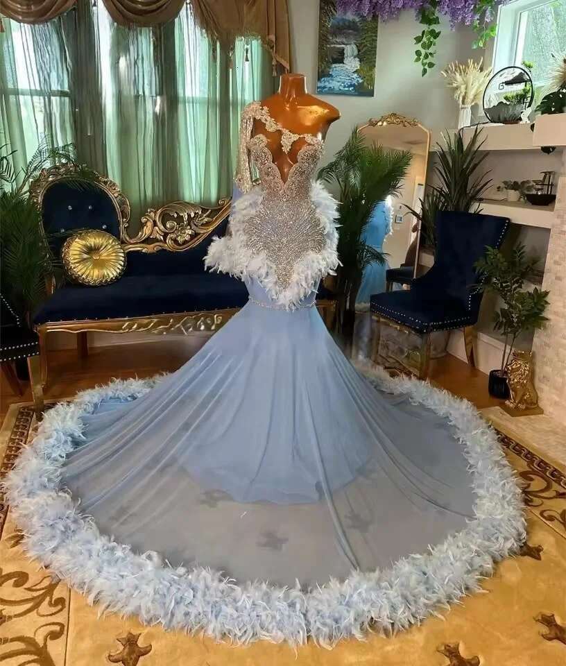 Long Prom Dresses 2025 Women Bead Dias Evening Robe One-Shoulder Feathers Birthday Party Gowns Customized 6660310