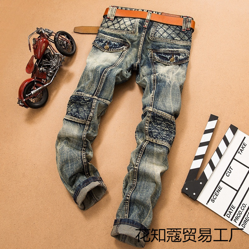 Spring fashion brand jeans for men slim fit nostalgic non mainstream splicing motorcycle one HZ 221008