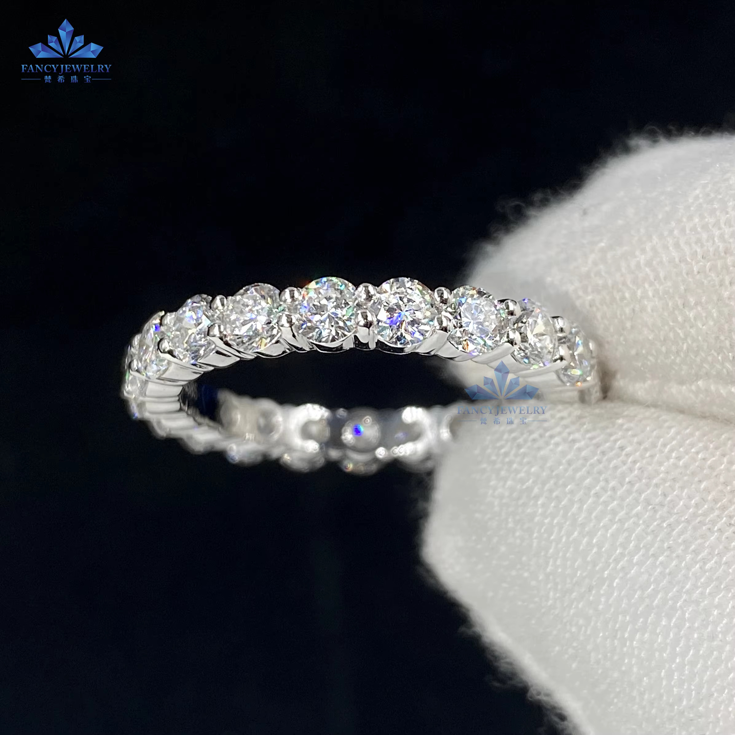 14K/18k Solid Gold Ring with 3mm Lab Grown Diamond Eternity Wedding Band in White or Rose Gold for Engagement or Gift