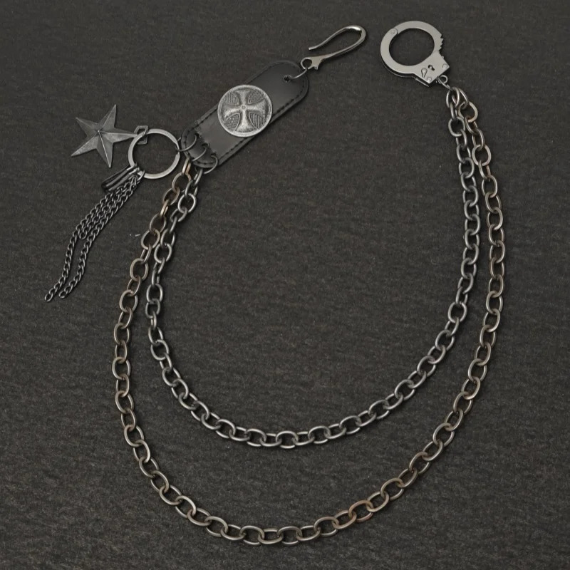 Cowhide Iron Cross Bilayer Stars Tassels Retro Style Chain For Men's Pants Ones Waist Metal Accessories y2k KeyChain 250318