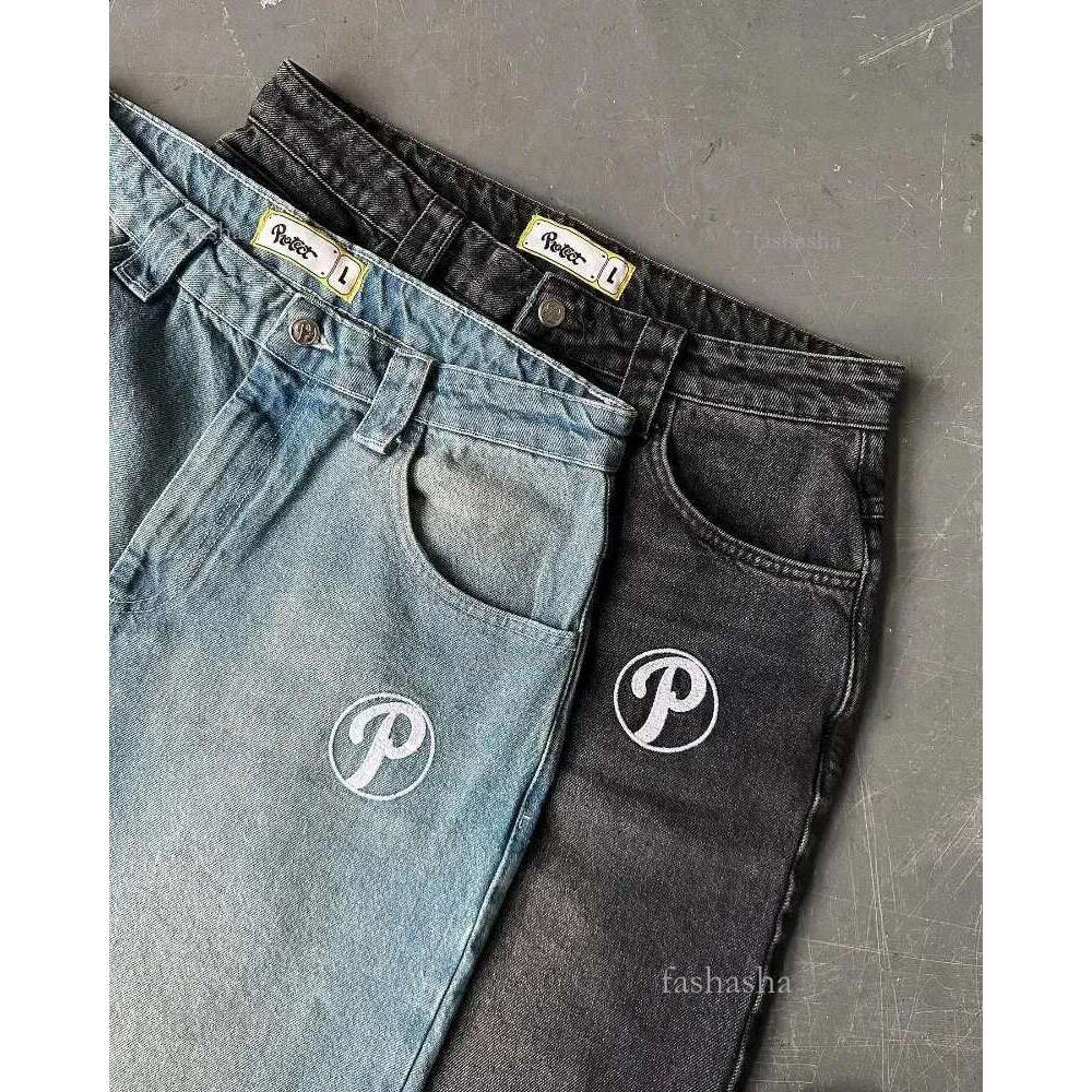 Y2k Protect Streetwear Hip Hop Jeans Mens Pants Harajuku Letter Embroidery Vintage Blue Baggy High Waist Wide Leg Trouser 240815