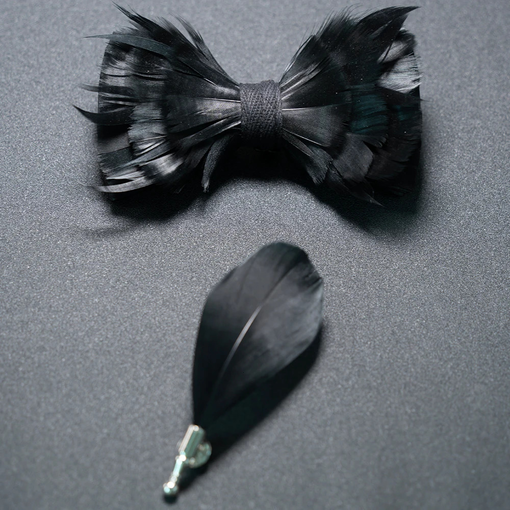Wedding Bow Tie for Men Classic Black Pre-tied Bowtie brooch Set Party feather Butterfly Knot Gift Man Accessories 250306