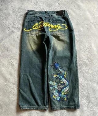 Retro printed street American ed hiphop jeans mens fashion 90s loose versatile skateboard casual highwaist trousers 250310