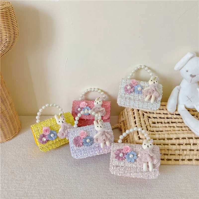 Children Wallet New Small Bag Cute Girl Classic Coin Purse Tweed Handbag Flower Beading Princess Kid Money Bag Baby Shoulder BagT250310