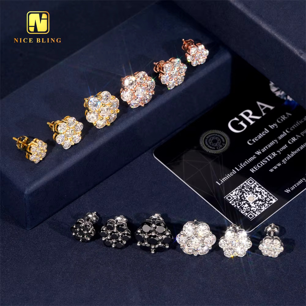 9mm 12mm 15mm Fashion Cluster Screw Back Ear Studs Iced Out Hip Hop Jewelry 925 Silver VVS Moissanite Stud Earring for Women