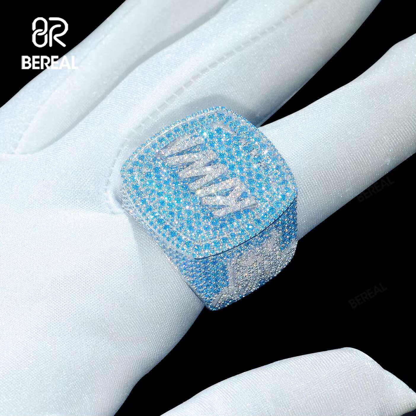 Custom Letter Vvs Iced Out Blue Moissanite Hip Hop Ring Pass Dia Test Sier Gold Plated Fine Jewelry Rings Men