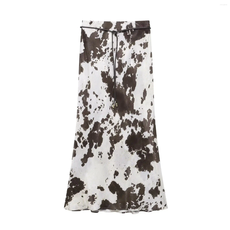 Skirts Print Women Midi Skirt With Belt High Street Style Spring Fashion Silk Textured Casual Sexy Button Womens
