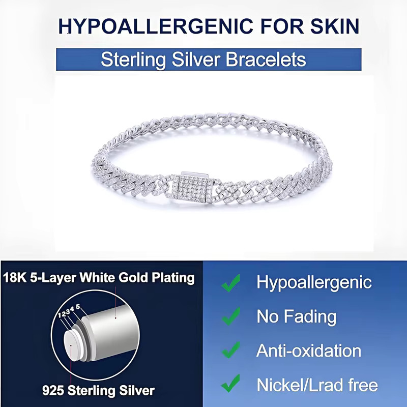 6mm White Gold 925 Sterling Silver VVS Moissanite Diamond Cuban Link Chain Bracelet Iced Out Mossanite Jewelry for Men Women