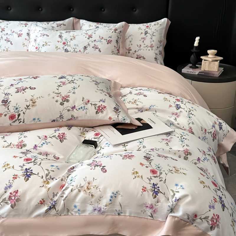 4Pcs Lyocell Bamboo Fiber Soft Silky Cool Feeling Floral Plant Prints Bedding Set Duvet Cover Bed Sheet/Fitted Sheet casesC250310