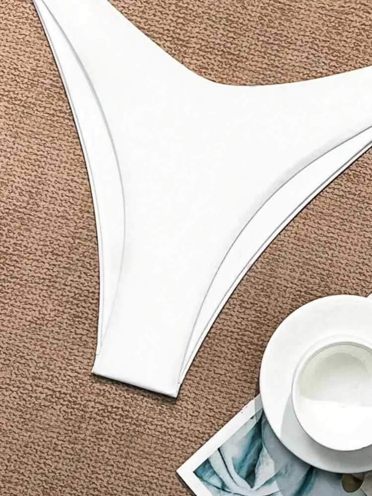 2025 Women White Bikini Chest Padded New Sexy Halter Bikini Two-Piece Set With Drawstring Straps Solid Brazilian Bathing SuitT250602