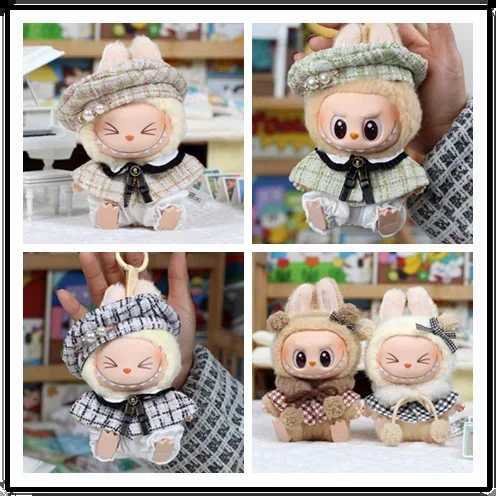 For 15cm Cute Labubu V1 V2 Mini Dolls Stylish Grid retro Cape With Beret Set Labubu Clothes Outfit Labubu Ropa Clothing GiftC250310