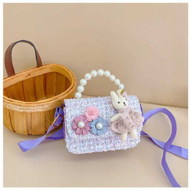 Children Wallet New Small Bag Cute Girl Classic Coin Purse Tweed Handbag Flower Beading Princess Kid Money Bag Baby Shoulder BagT250310