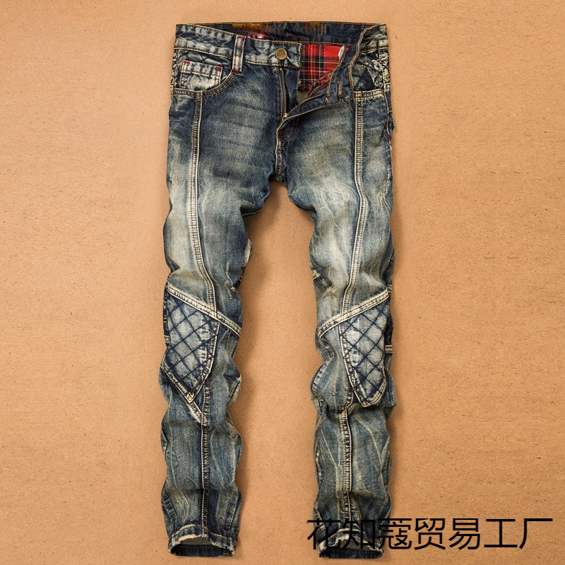 Spring fashion brand jeans for men slim fit nostalgic non mainstream splicing motorcycle one HZ 221008
